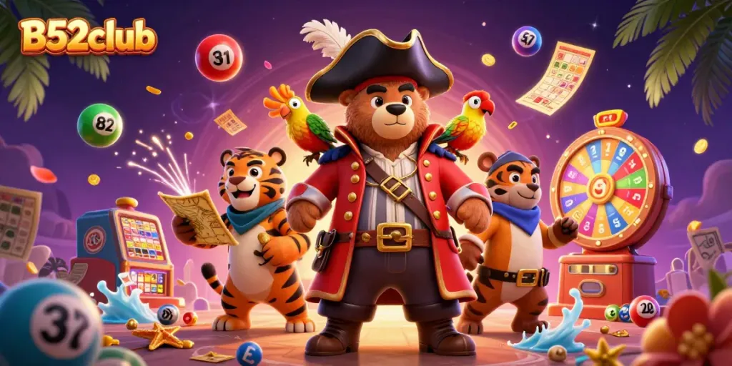 Engage with the vibrant world of B52club through this stunning 3D illustration of pirate-themed gambling fun.
