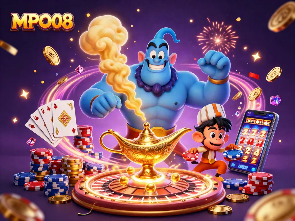 Engage in thrilling gameplay at MPO08 with a vibrant illustration showcasing a genie, poker chips, and casino elements.