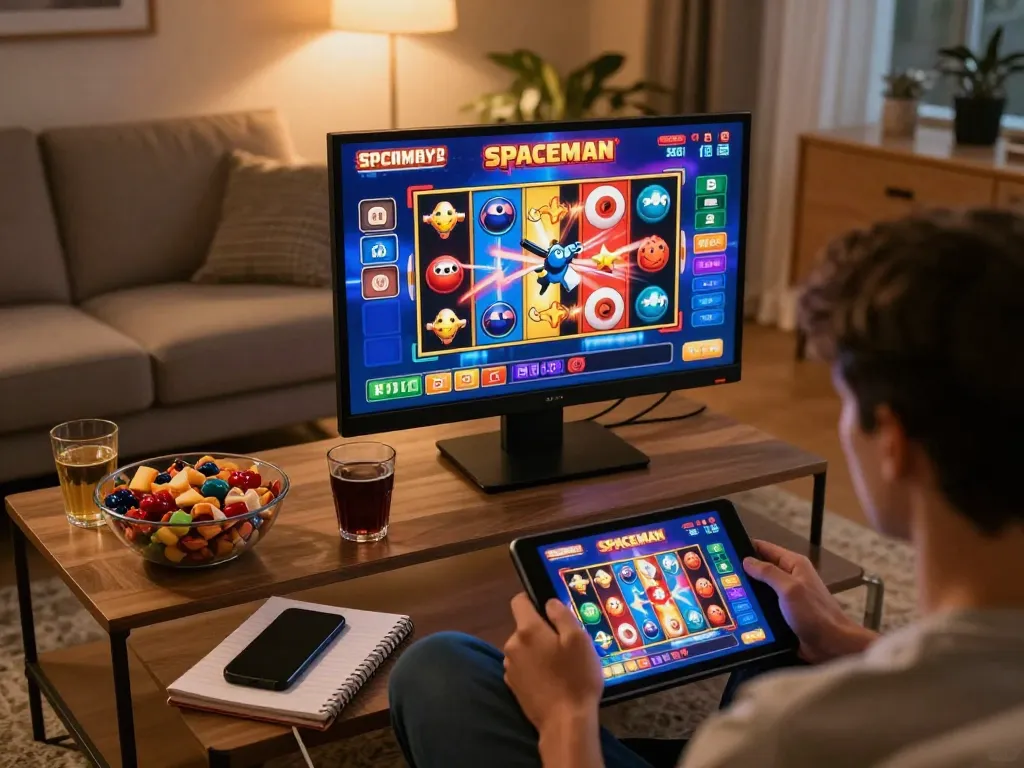 Pemain menikmati permainan slot spaceman di tablet di ruang tamu yang nyaman, menekankan perjudian online