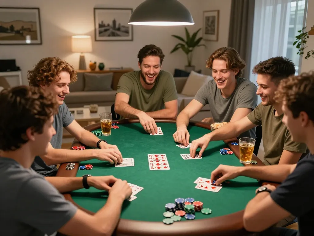 Players enjoy LGOGOAL poker night with vibrant chips and lively atmosphere in a cozy home.