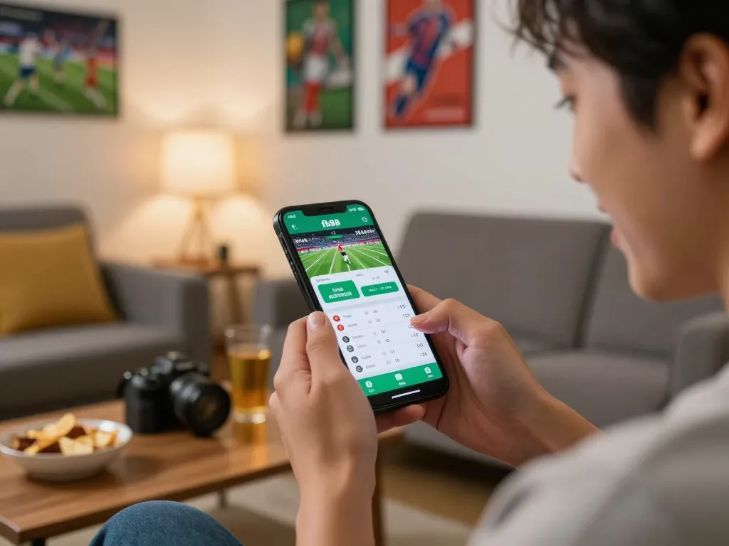 Engaging mobile sports betting with fb88 app in cozy living room setting.