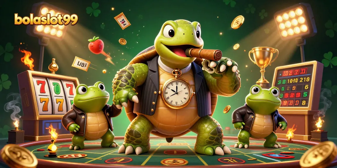 Bolaslot99's vibrant casino scene with a mobster turtle, frog enforcers, and exciting slot elements.