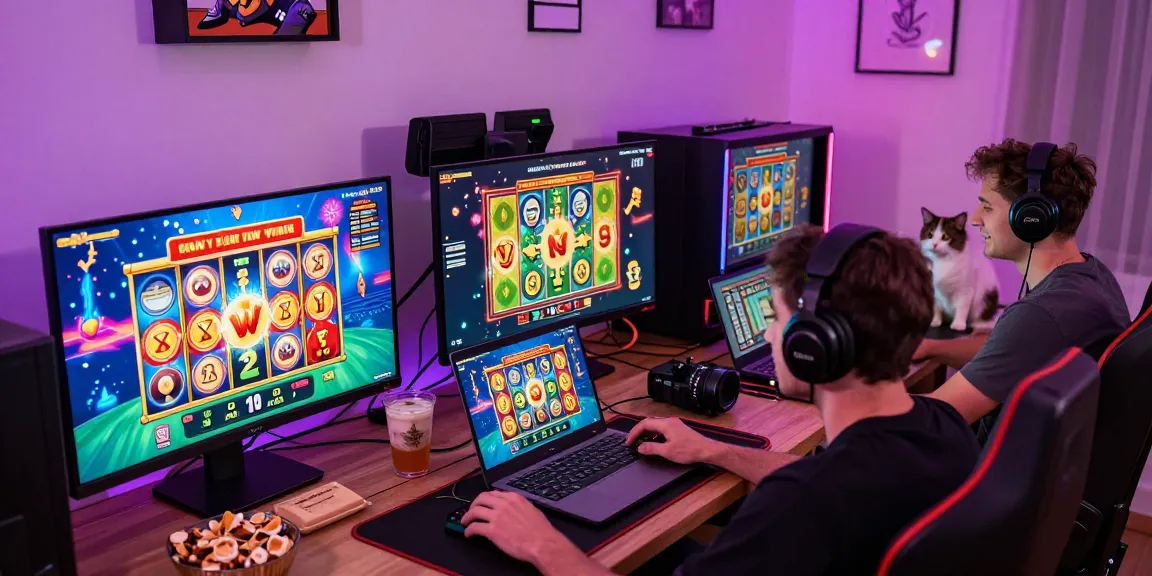 Exciting online gambling scene with players engaged in spinning vibrant slot machines.