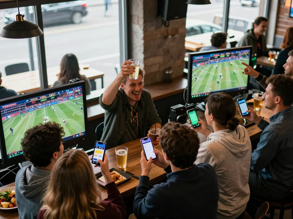 IDNSCORE users placing bets on live games in a vibrant sports bar environment, showcasing excitement and engagement.