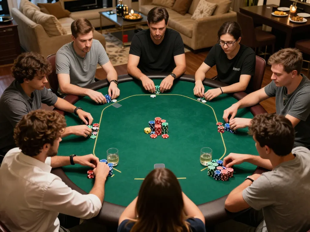 Engaged players experiencing poker excitement at Jun88, showcasing strategic gameplay in a vibrant home setting.