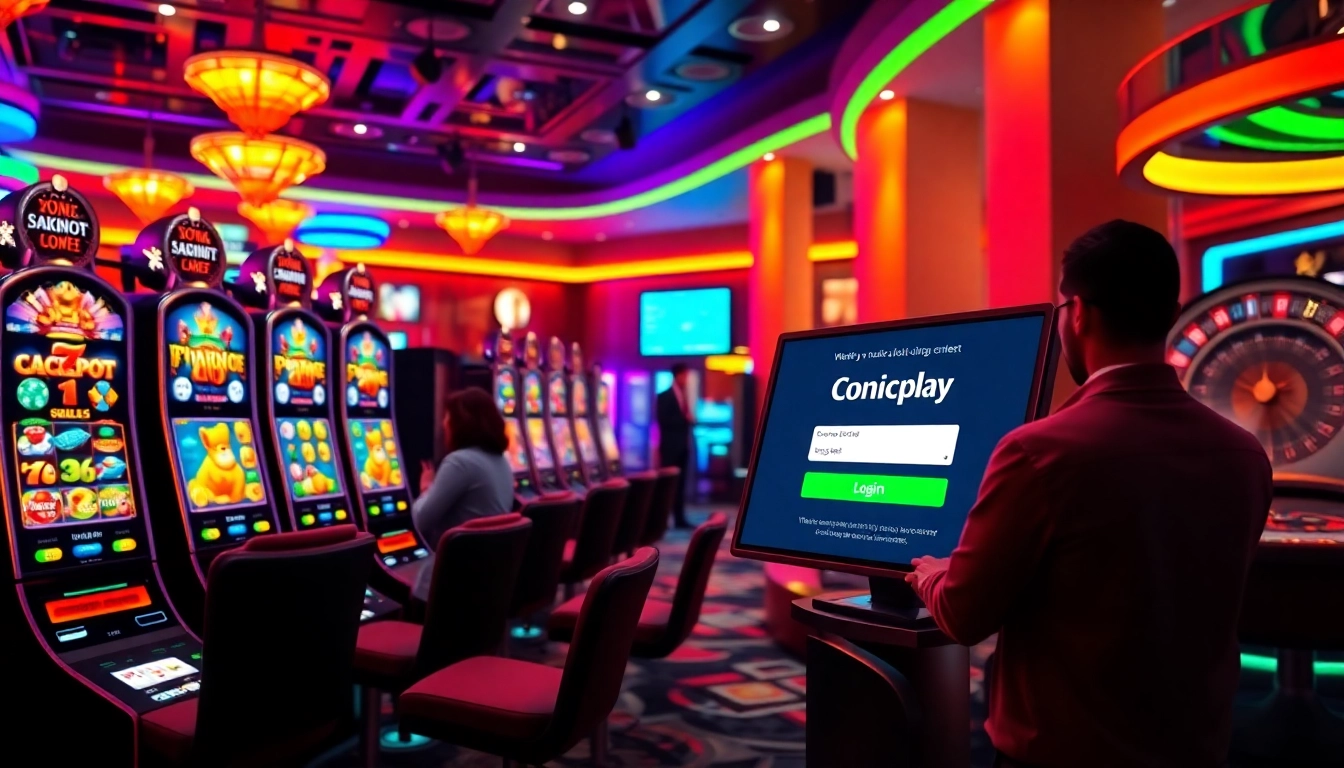 Engaging gameplay at onicplay's online casino featuring vibrant slot machines and poker chips.