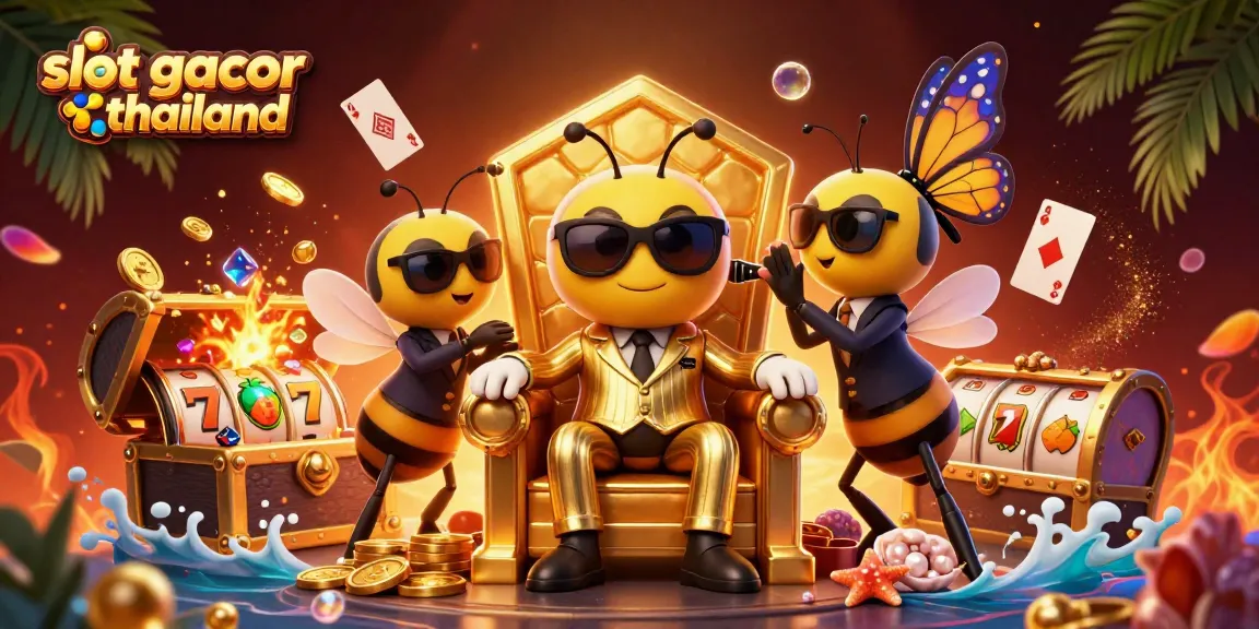 Experience big wins with slot gacor thailand, featuring a vibrant 3D cartoon scene of characters and slots.