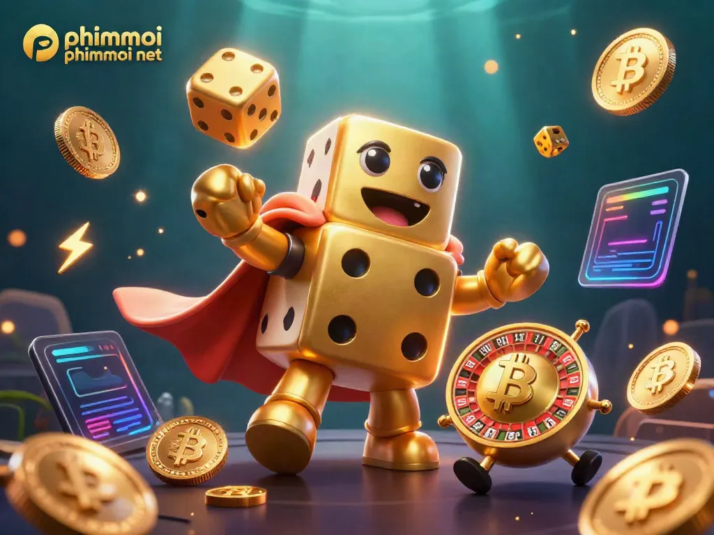 Engage with phimmoi phimmoi net's vibrant casino-themed 3D illustration featuring golden dice and crypto elements.