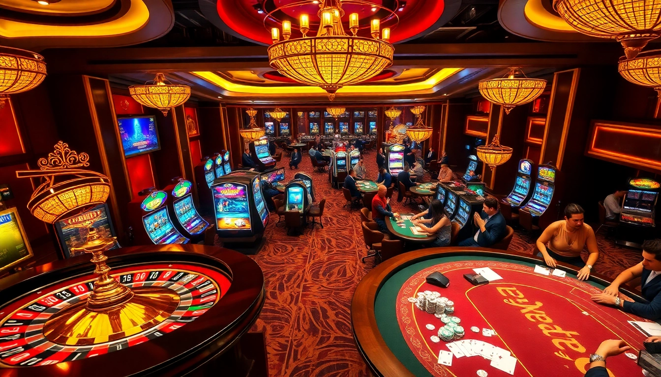 Engaging scene from https://f168.vision/ showcasing players at glamorous casino tables and vibrant gaming machines.
