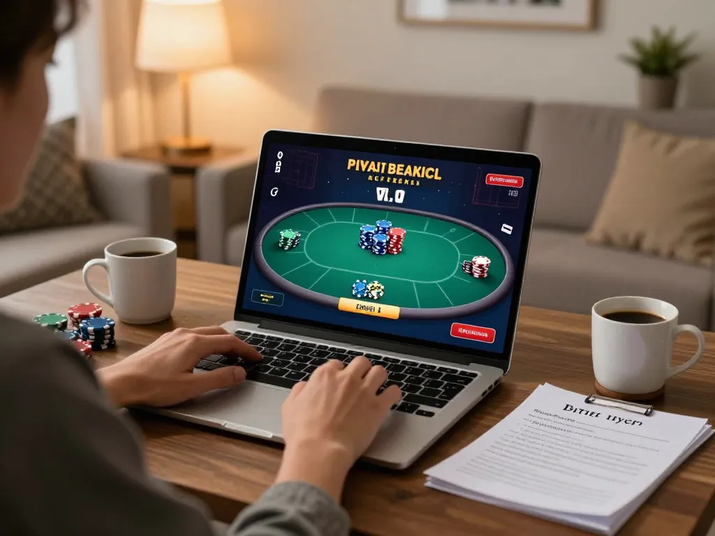 Engaging in online poker at home with strategic notes and janadenole platform on the screen.