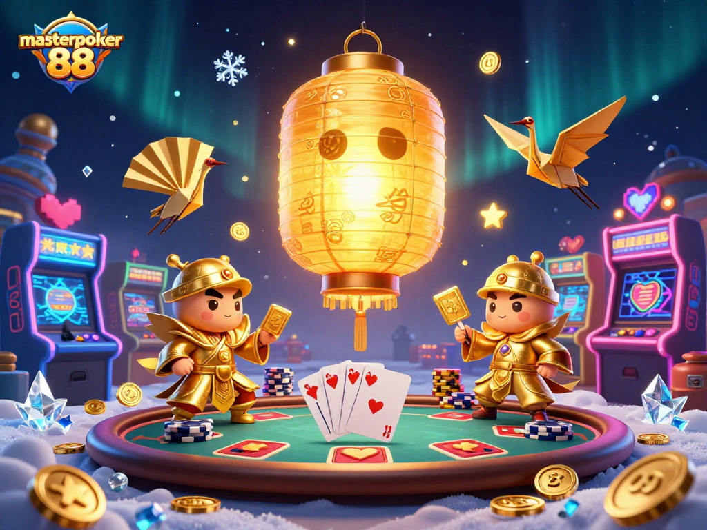 Gambarkan pengalaman bermain masterpoker 88 dengan karakter menarik dan simbol keberuntungan di kasino.