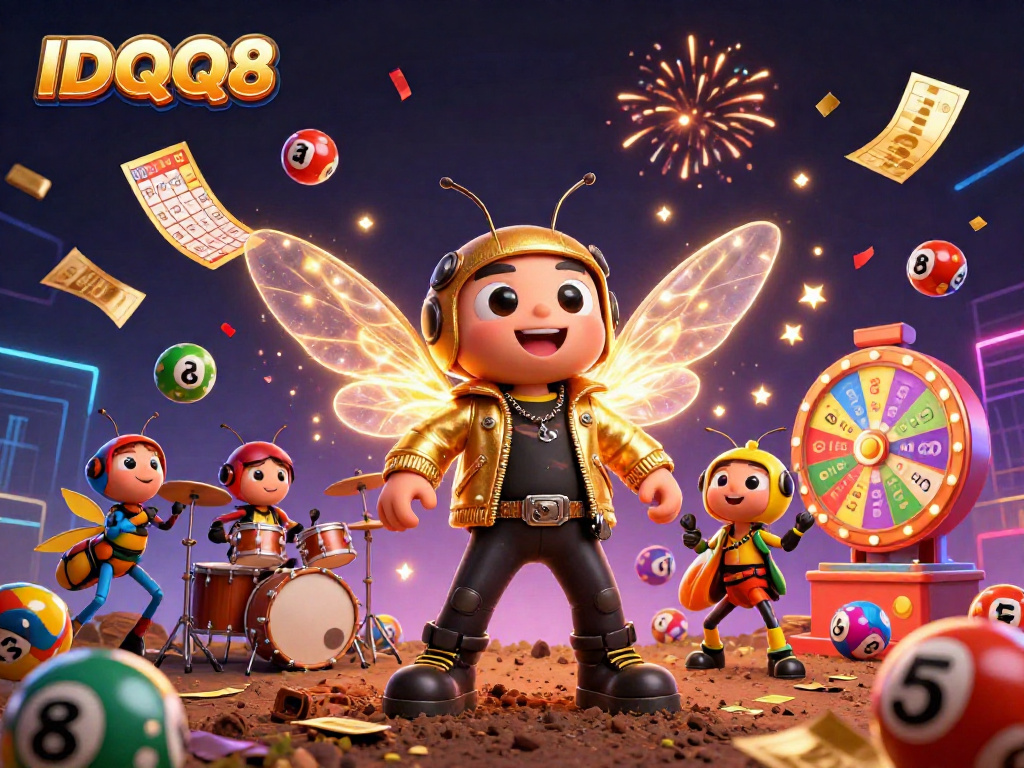 Join the excitement of IDQQ88 with a buzzing rock star and vibrant lottery elements!