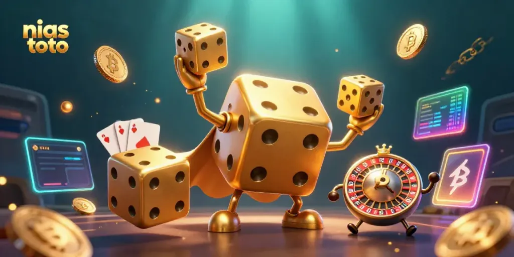 Menggulung dadu emas, nias toto, dan simbol kasino lainnya dalam ilustrasi 3D mengesankan.