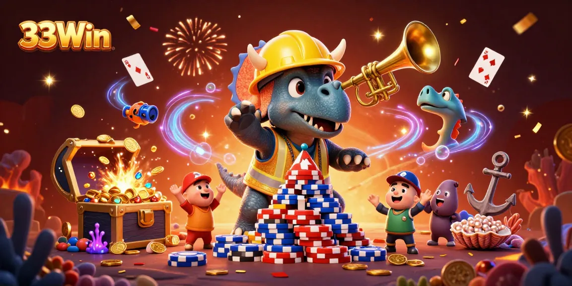 Engage with 33Win as a triceratops celebrates casino wins amidst treasures and colorful game elements.