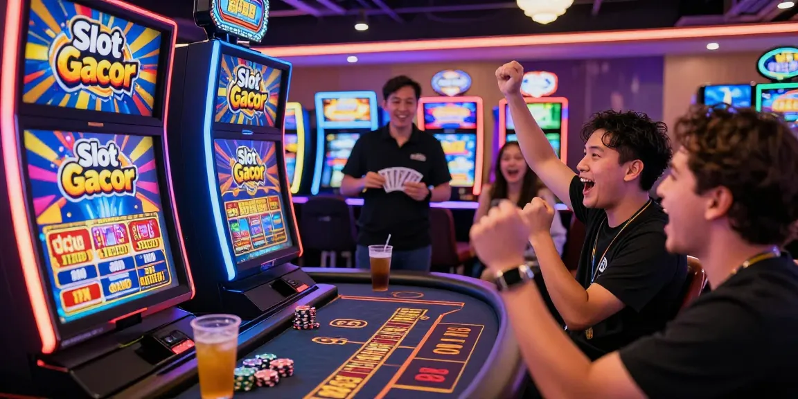 Slot Gacor, pemain meraih kemenangan di venue judi online dengan suasana ramai dan mesin permainan berwarna-warni.