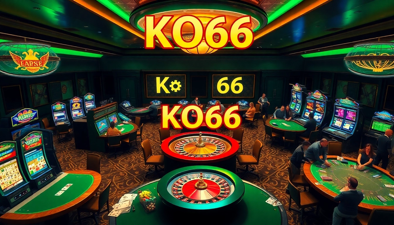 Trải nghiệm sự phấn khích của casino KO66 với những bàn chơi sống động, người chơi và trang trí sang trọng.