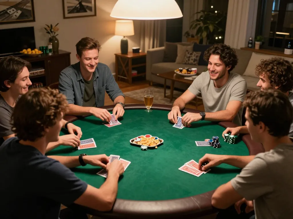 Suasana malam poker yang menarik dengan teman-teman yang menunjukkan strategi Bandar Togel Slot dan dinamika sosial.
