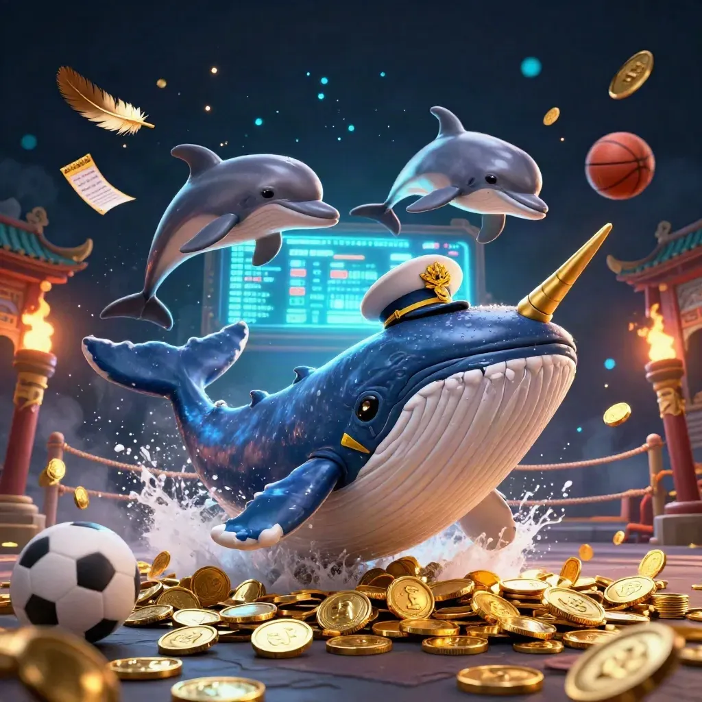 Paus kapten kartun, narwhal, dan lumba-lumba di lautan koin dengan bola dan elemen kasino