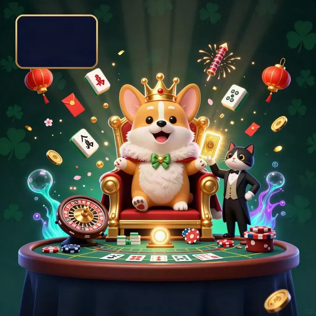 Kucing dan anjing royal kartun di atas chip, dikelilingi lampion, koin, dan kilau emas.
