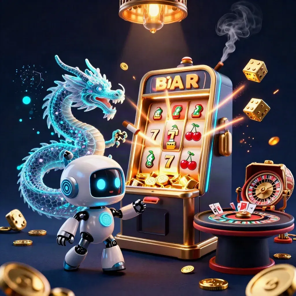 Robot cyberpunk, naga holografik, slot jackpot, meja kasino mewah bernuansa navy emas.