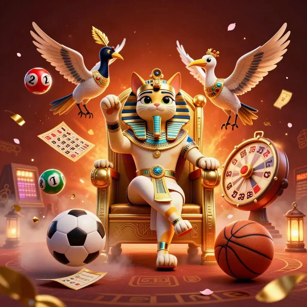 Kucing firaun di takhta emas dikelilingi bola lotre, ibis, scarab, dan bola sport.