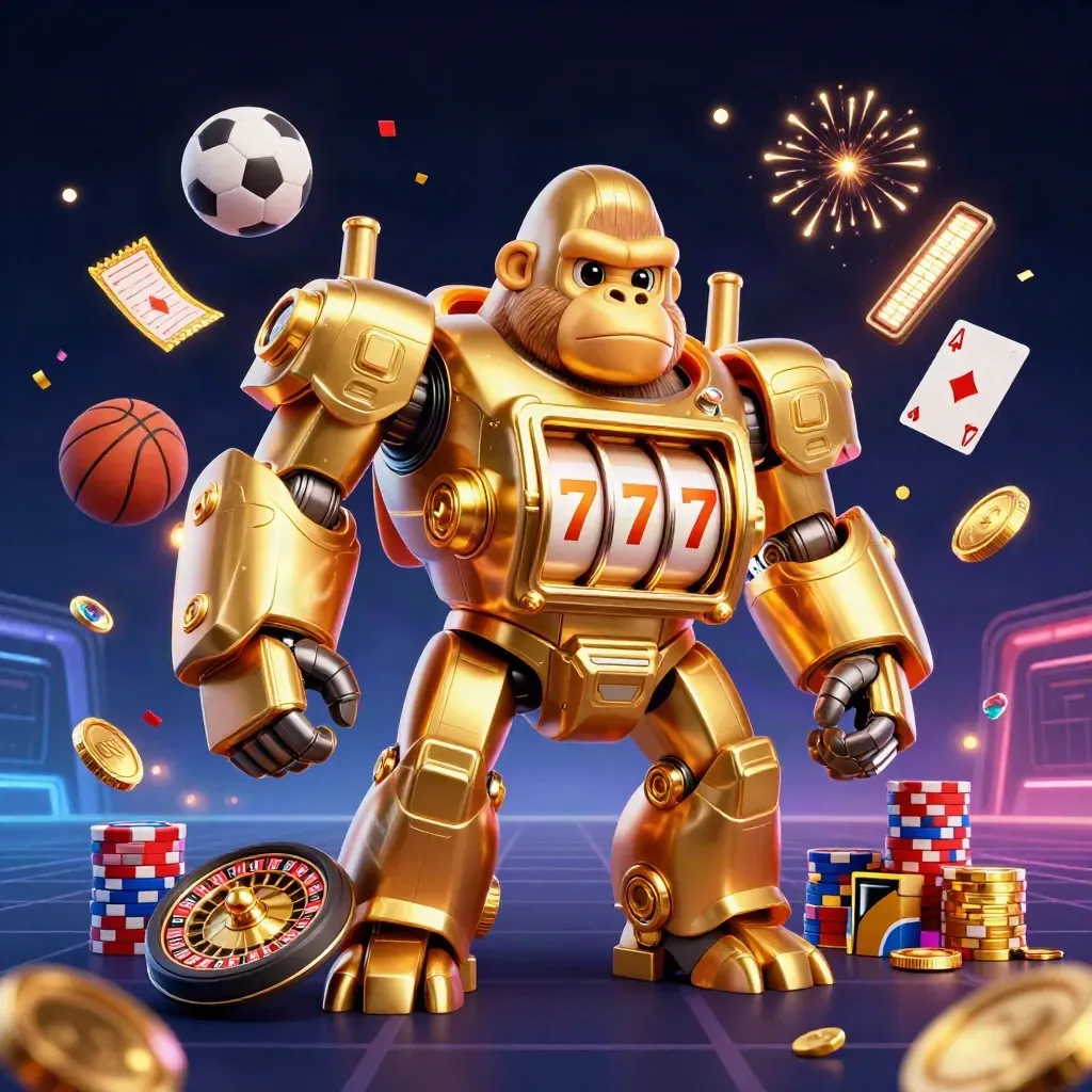 Mek gorila emas dengan roda slot, bola olahraga, koin emas, dan kilau neon.
