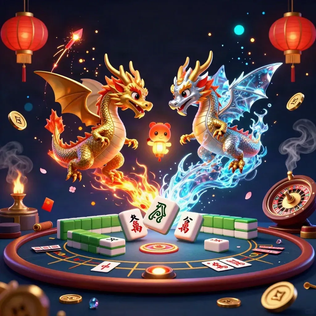 Dua naga emas-perak terbang di kasino mewah, dikelilingi lampion, koin, mahjong, dan efek api-es.