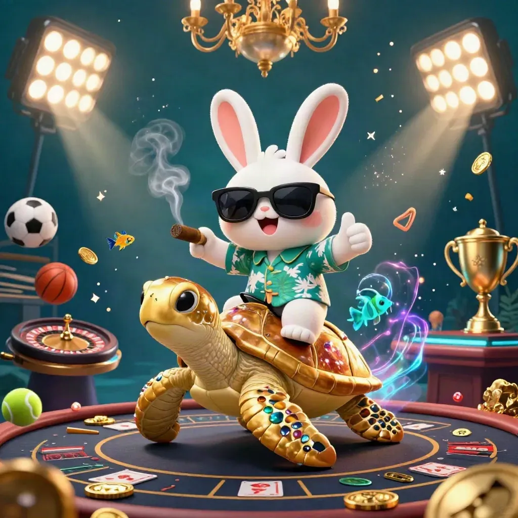 Kelinci kartun naik kura-kura emas, dikelilingi bola, trofi, koin, dan cahaya bawah air.