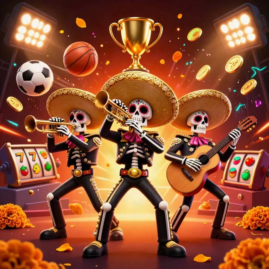Tiga skeleton mariachi 3D di tengah ledakan bola, koin, dan cahaya neon.
