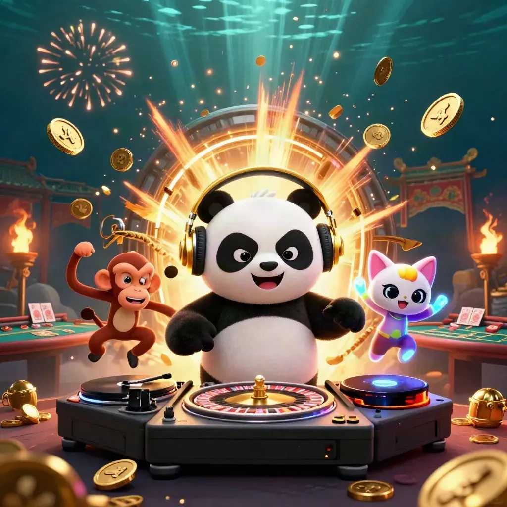Panda DJ, monyet breakdance, dan anak kucing rave di ledakan koin emas dan cahaya kasino.