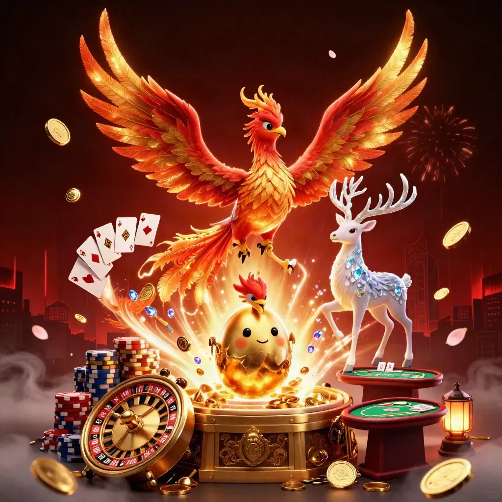 Phoenix emas, rusa kristal, koin emas, dan roda roulette di latar kasino mewah.