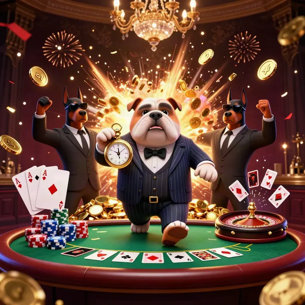 Bulldog bos mafia 3D dengan dua Doberman, ledakan emas, meja kasino, kilauan mewah.