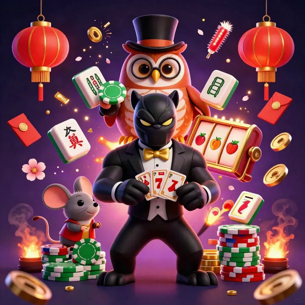 Panther tuxedo, burung hantu, dan tikus di tengah ledakan koin, lampion, dan gulungan slot.