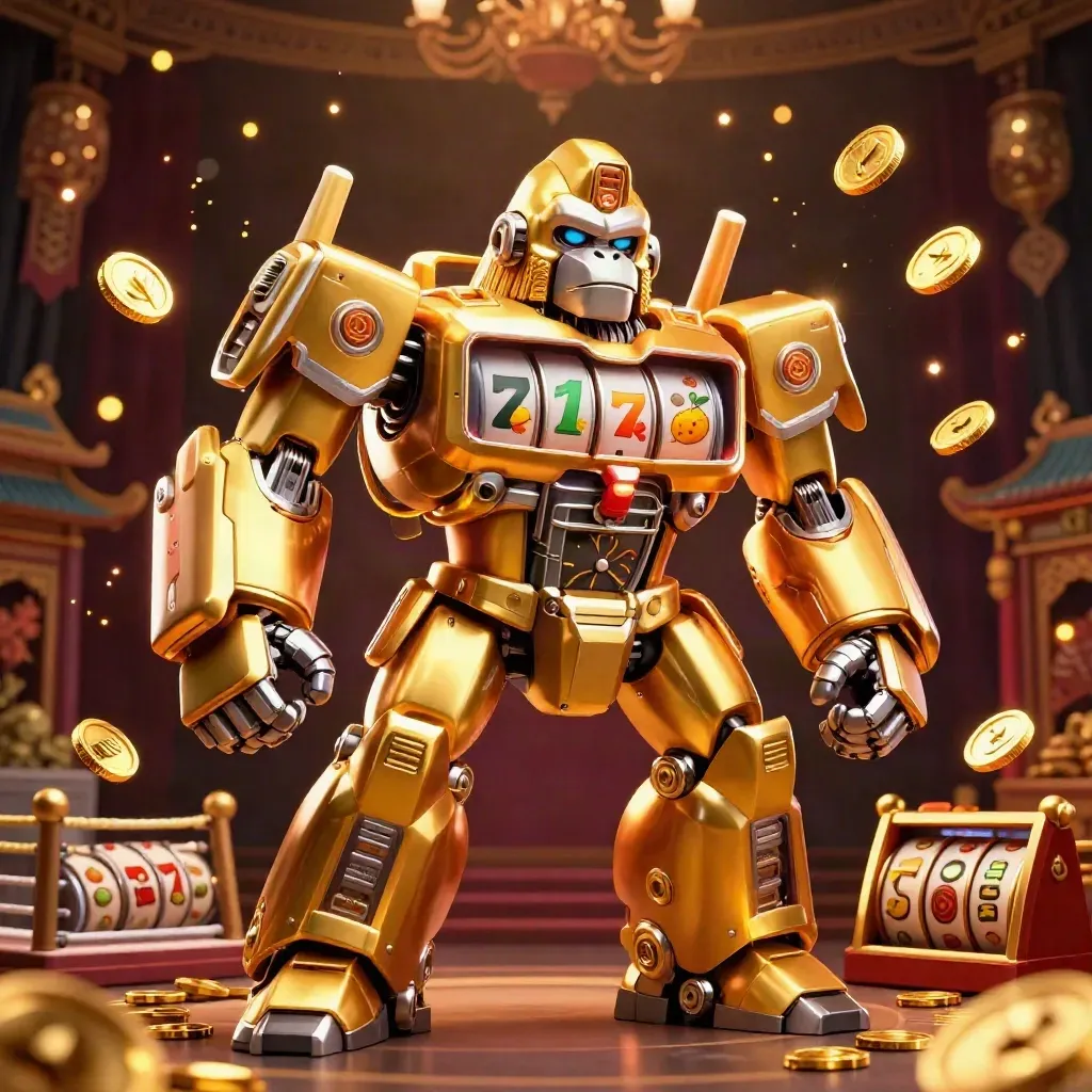 Gorila mech emas dengan pilot monyet di koin dan simbol slot berputar