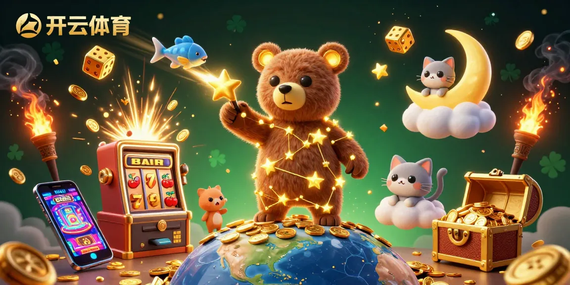 在开云体育的动态场景中，星星黄金小熊捞取金币，周围绚丽的老虎机和火花飞溅，展现精彩博彩体验。