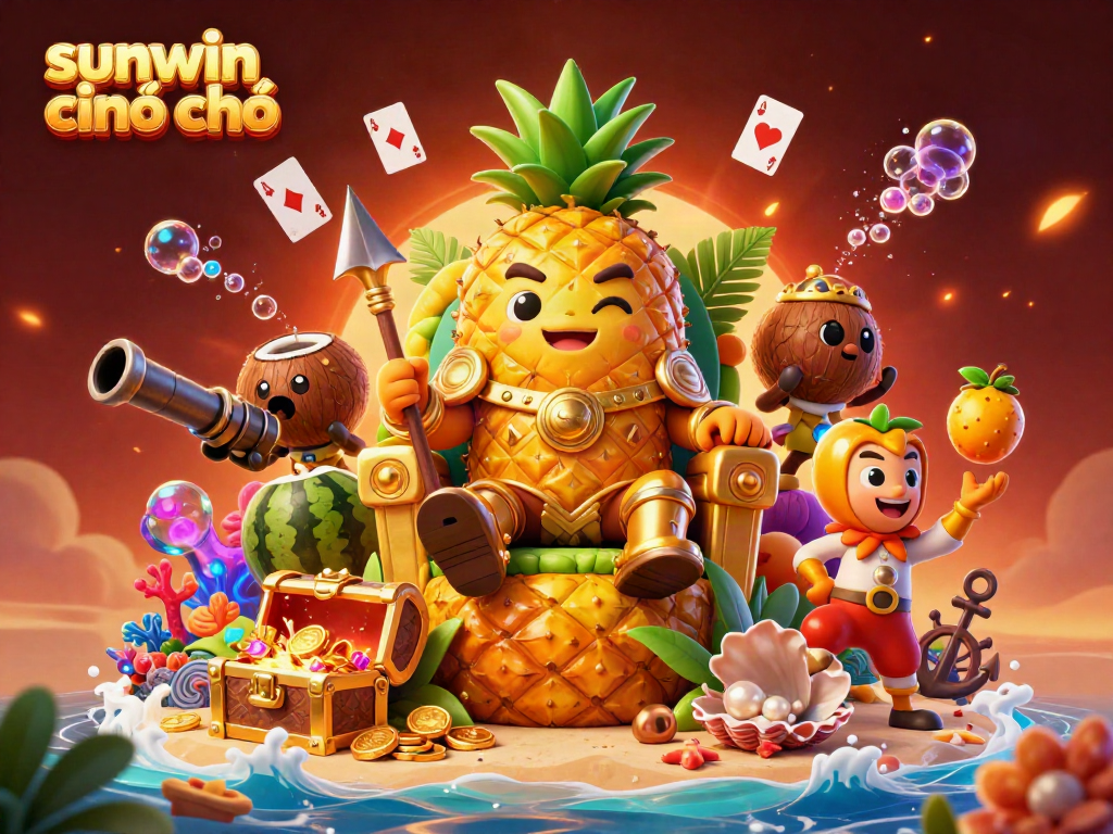 Spin to win with sunwin chính chủ, experiencing a dynamic beach casino scene filled with treasure and fun elements.