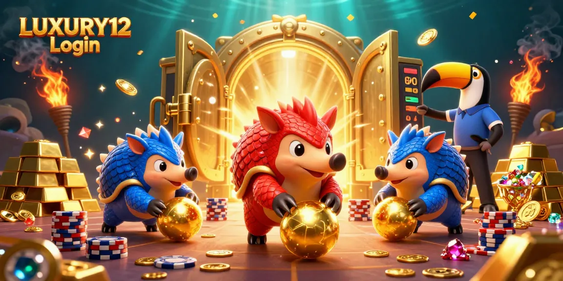 LUXURY12 Login featuring cartoon pangolins amidst casino games and treasures, showcasing a dynamic gambling scene.