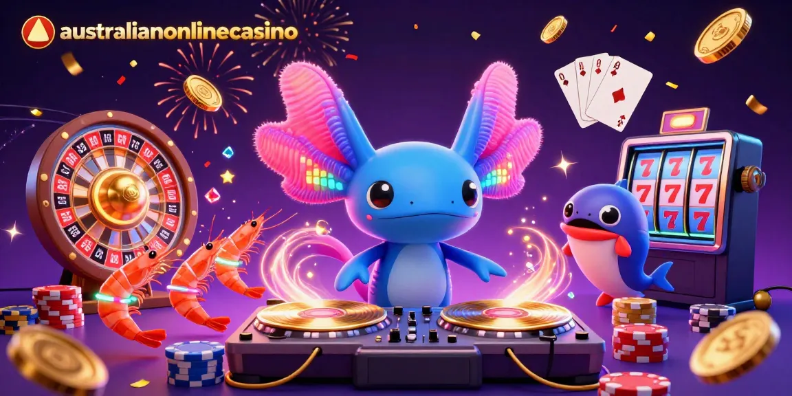 A vibrant scene celebrating australianonlinecasino with dazzling characters and casino elements spinning and flying.