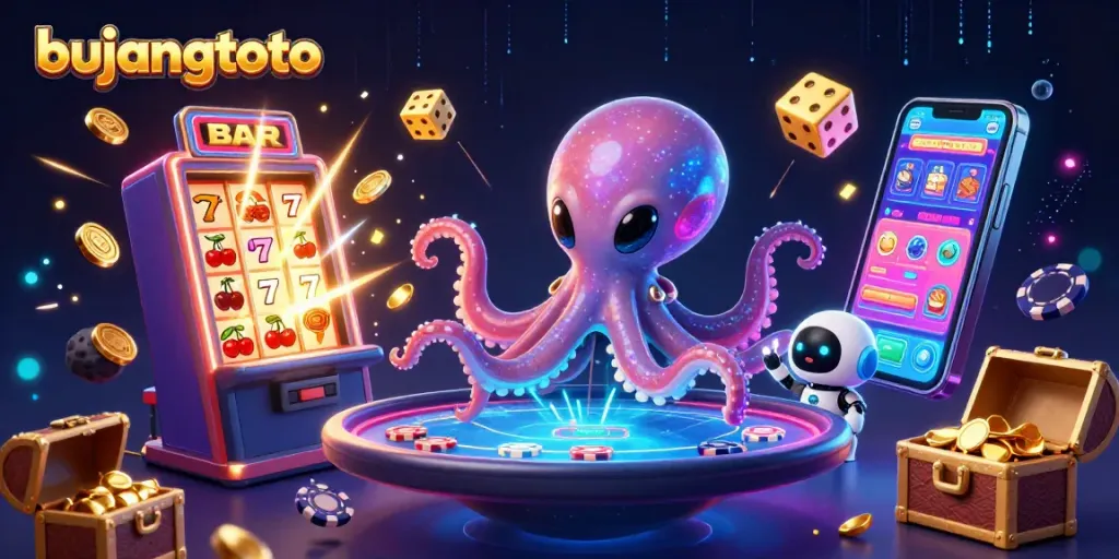 Bujangtoto alien octopus deals poker at a vibrant 3D casino scene bursting with excitement.