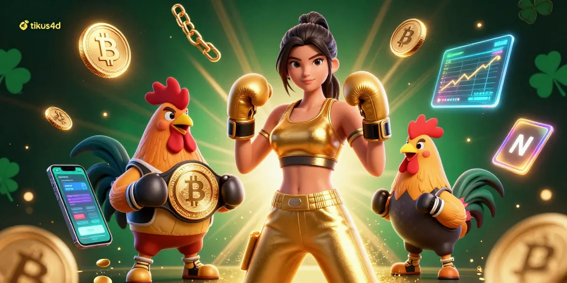 Tikus4d enhances online gaming thrills with this vibrant, dynamic illustration showcasing a female champion and rooster in a spirited casino environment.