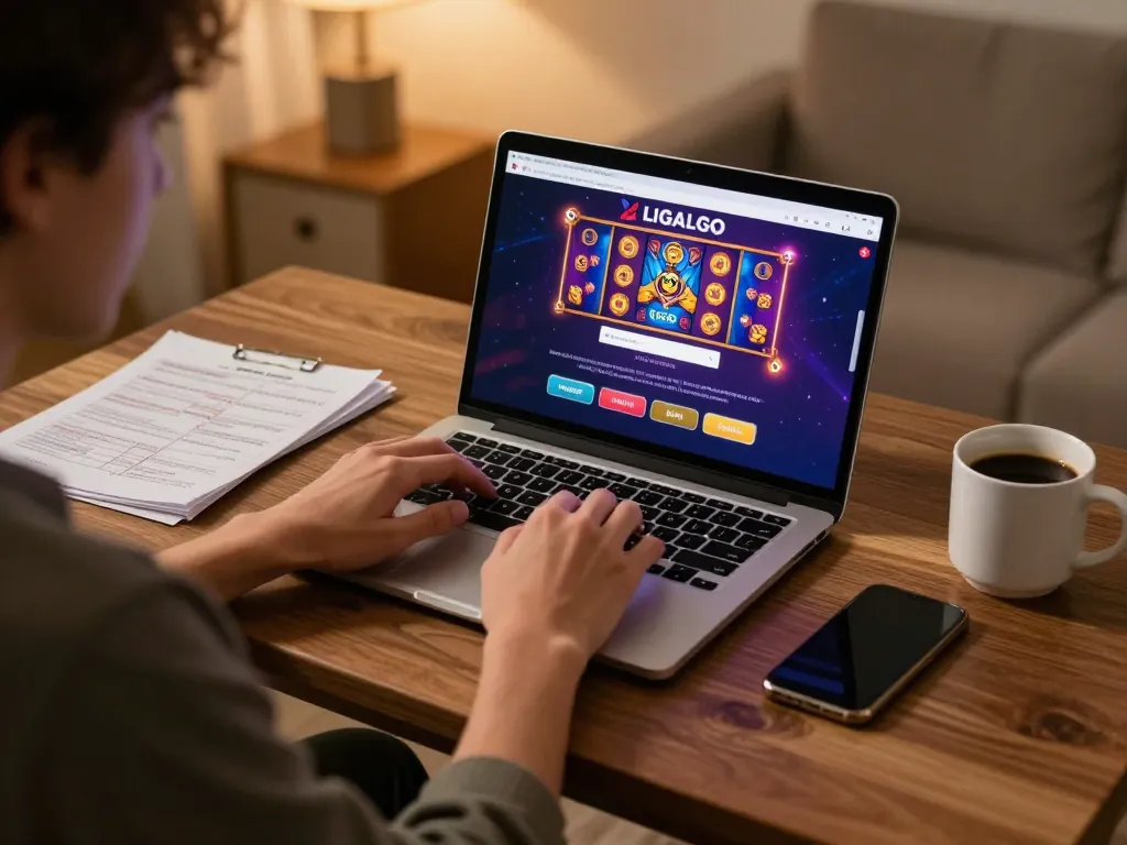 LIGALGO LOGIN session in a cozy home gaming setup with vibrant slot screen.