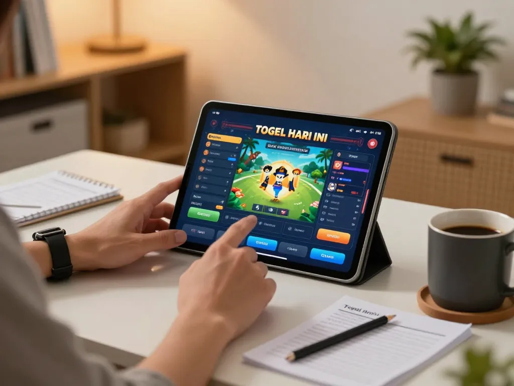 Engage in togel hari ini with vibrant game graphics on a cozy tablet gaming setup.