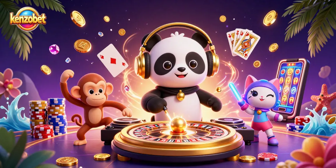 Pengalaman seru kenzobet dengan DJ panda yang meriah, monyet breakdance, dan kucing bercahaya dikelilingi koin emas.