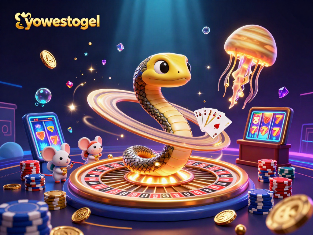 Experience yowestogel excitement with cosmic gambling characters amidst dynamic casino elements.