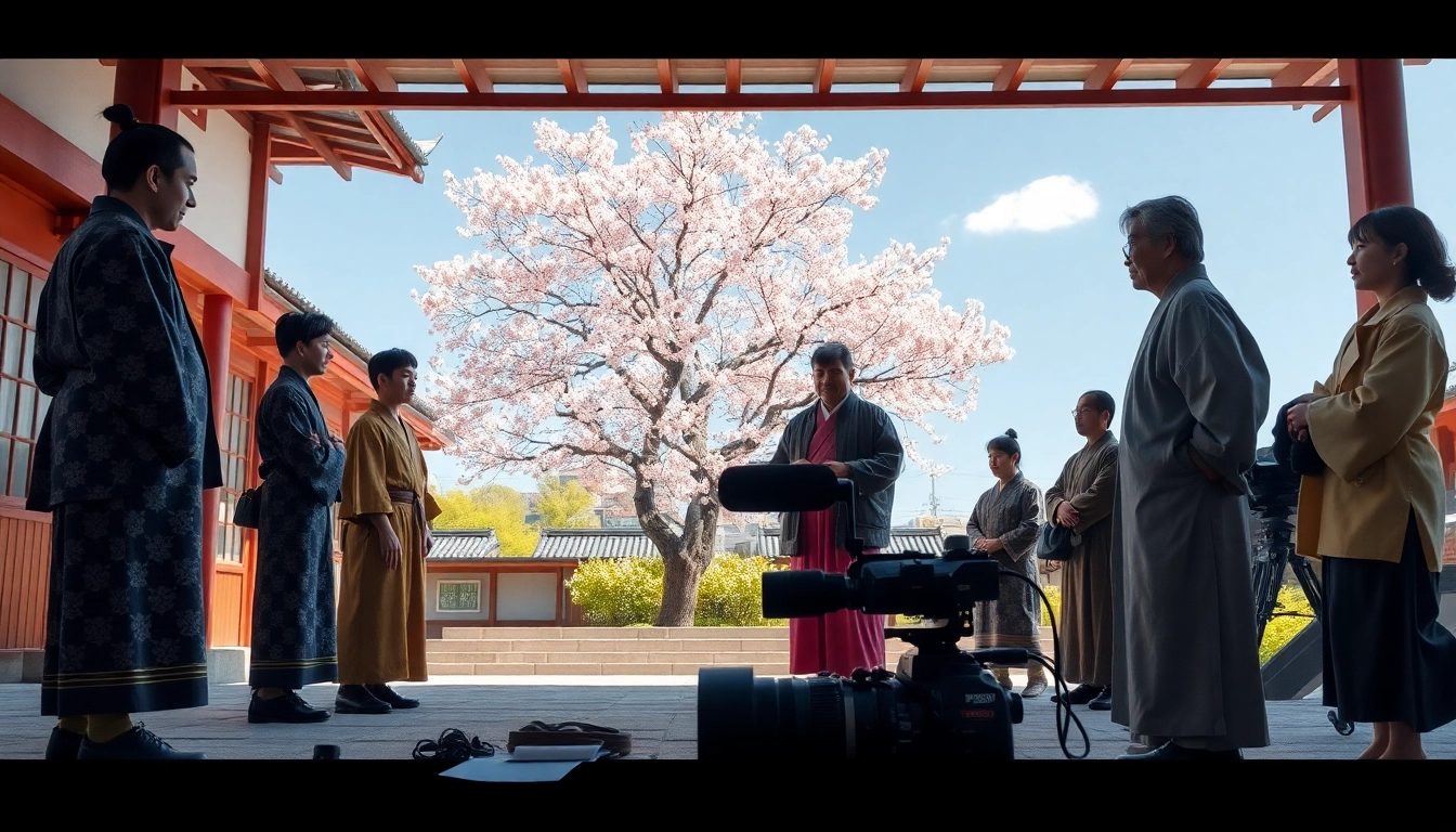 Menggambarkan film jepang dengan aktor berbusana tradisional di lokasi cerah.