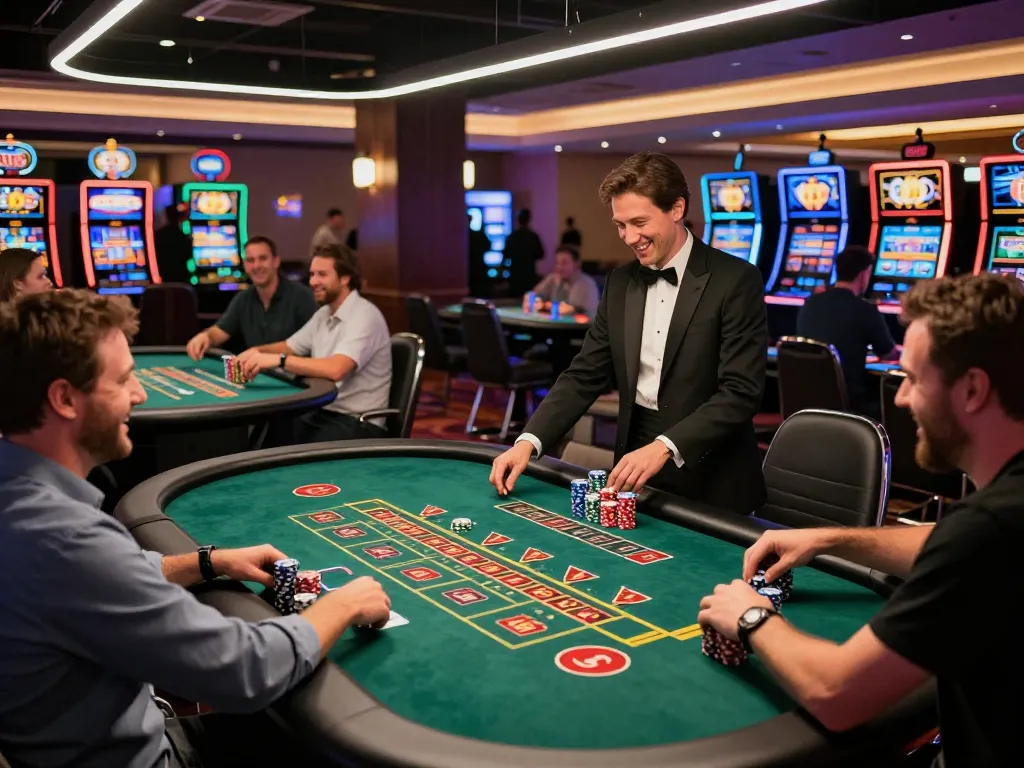 Players enjoying card games at Go99 casino, vibrant atmosphere with stacked chips and engaged dealers