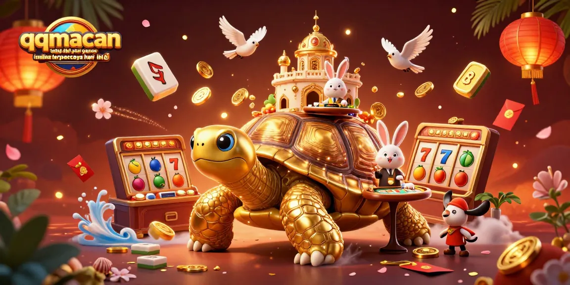 Engage in thrilling games at qqmacan situs resmi toto slot gacor online terpercaya hari ini featuring a vibrant casino scene with golden tortoise and more.