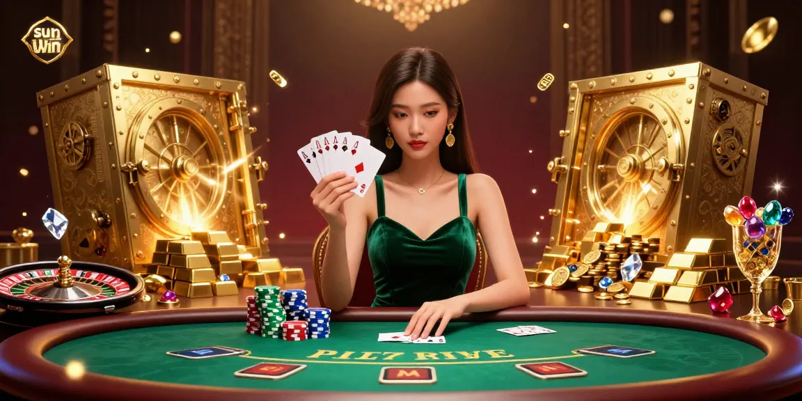 Experience the thrill of sun win as you play cards in a luxurious casino setting surrounded by treasures and shimmering jewels.