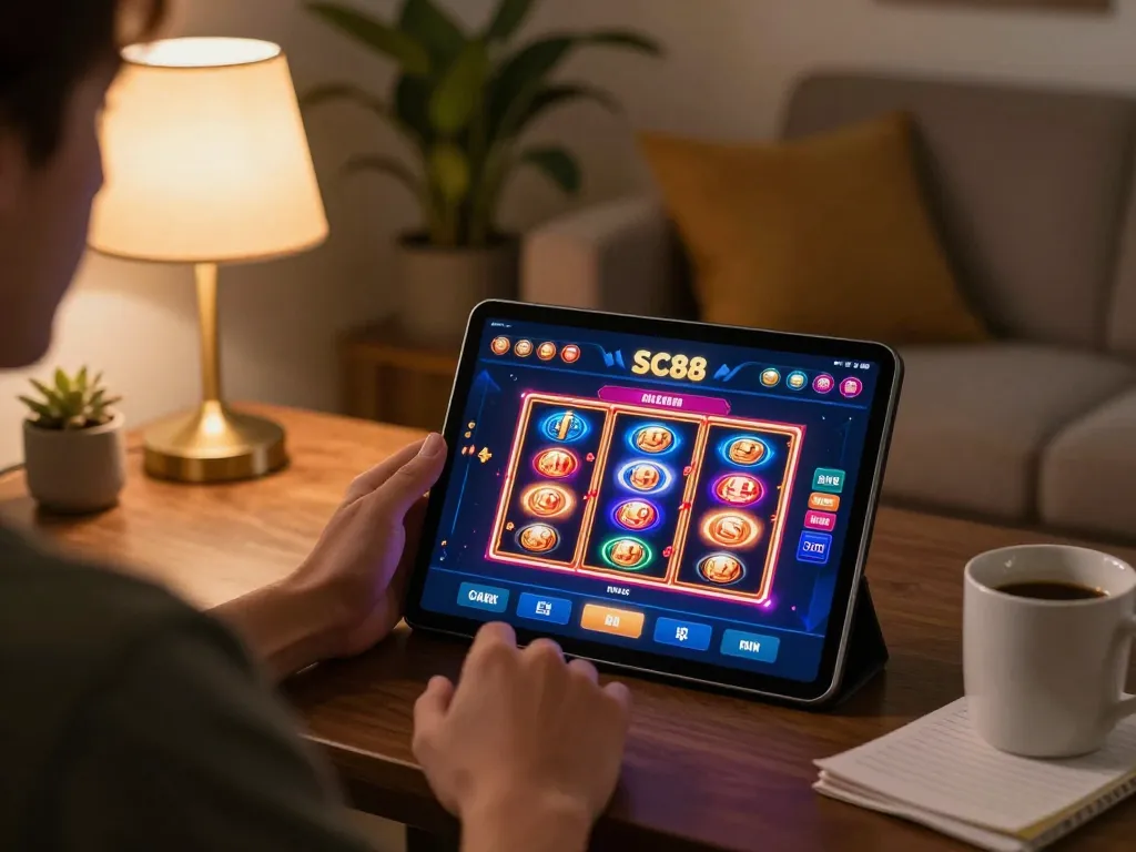 Engaging with the SC88 casino app in a cozy living room while planning strategically