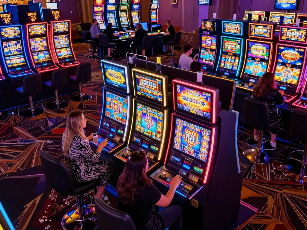Toto slot gacor gameplay excitement in a colorful casino slot machine area